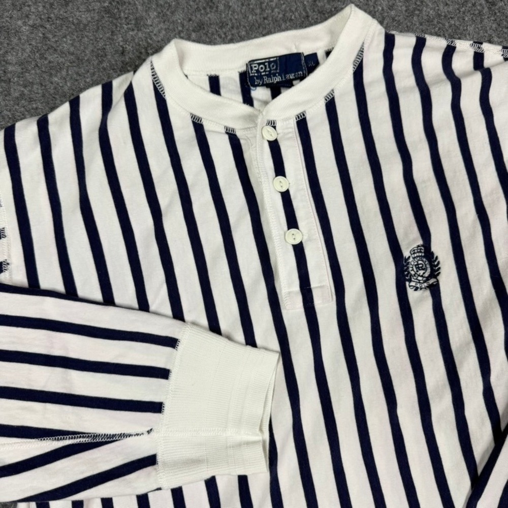 Vintage Polo Ralph Lauren Henley Shirt Mens XL White Blue Striped Crest Nautical